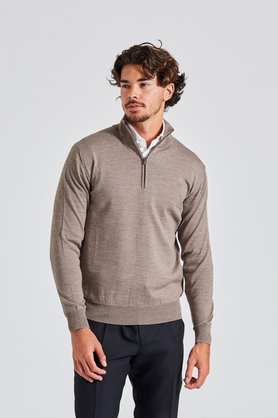 Herre Onesto Gensere | Merino Half-Zip Beige Mel