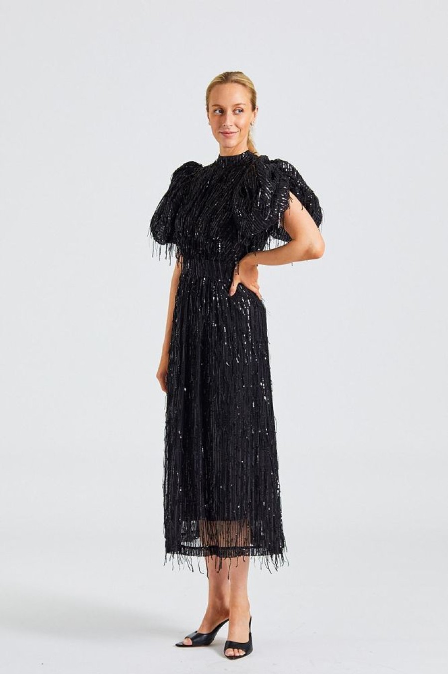 Dame ROTATE Birger Christensen Kjoler | Sequin Midi Puff Dress Black