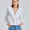 Dame Ganni Skjorter Og Bluser | Cotton Poplin Ruffle V-Neck Blouse Bright White