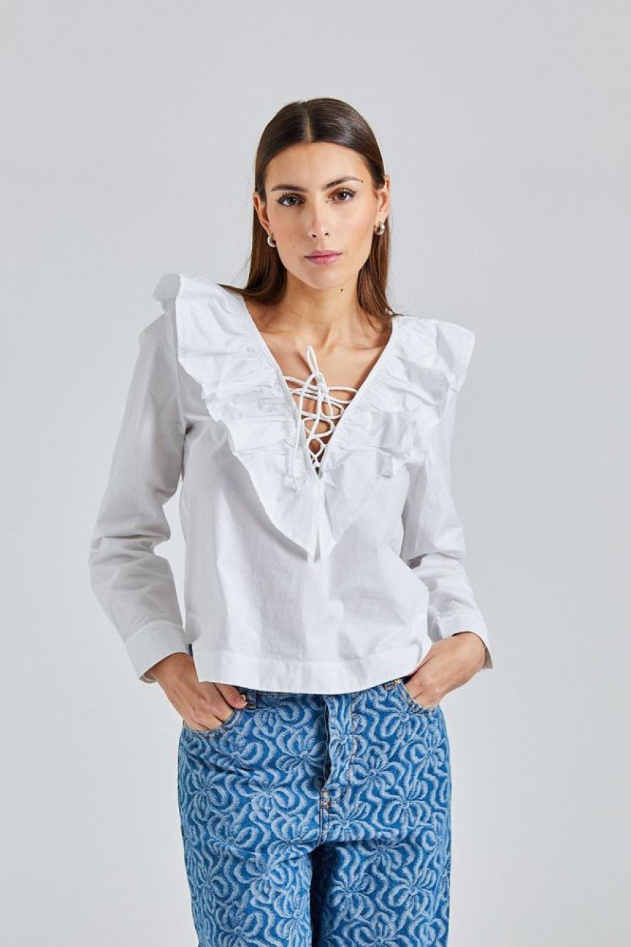 Dame Ganni Skjorter Og Bluser | Cotton Poplin Ruffle V-Neck Blouse Bright White