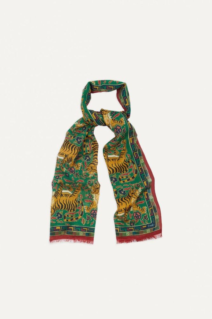 Herre Drakes Skjerf | Tiger Print Wool Silk Scarf Green