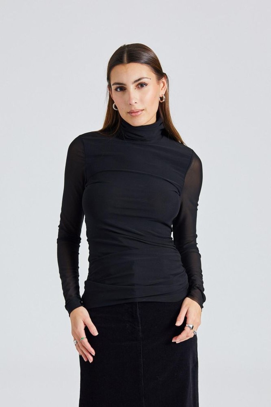 Dame Ganni Topper | Solid Mesh Long Sleeve Rollneck Black