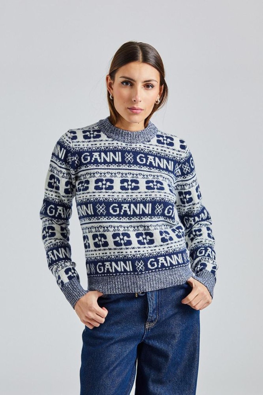 Dame Ganni Gensere | Logo Wool Mix O-Neck Pullover Sky Captain