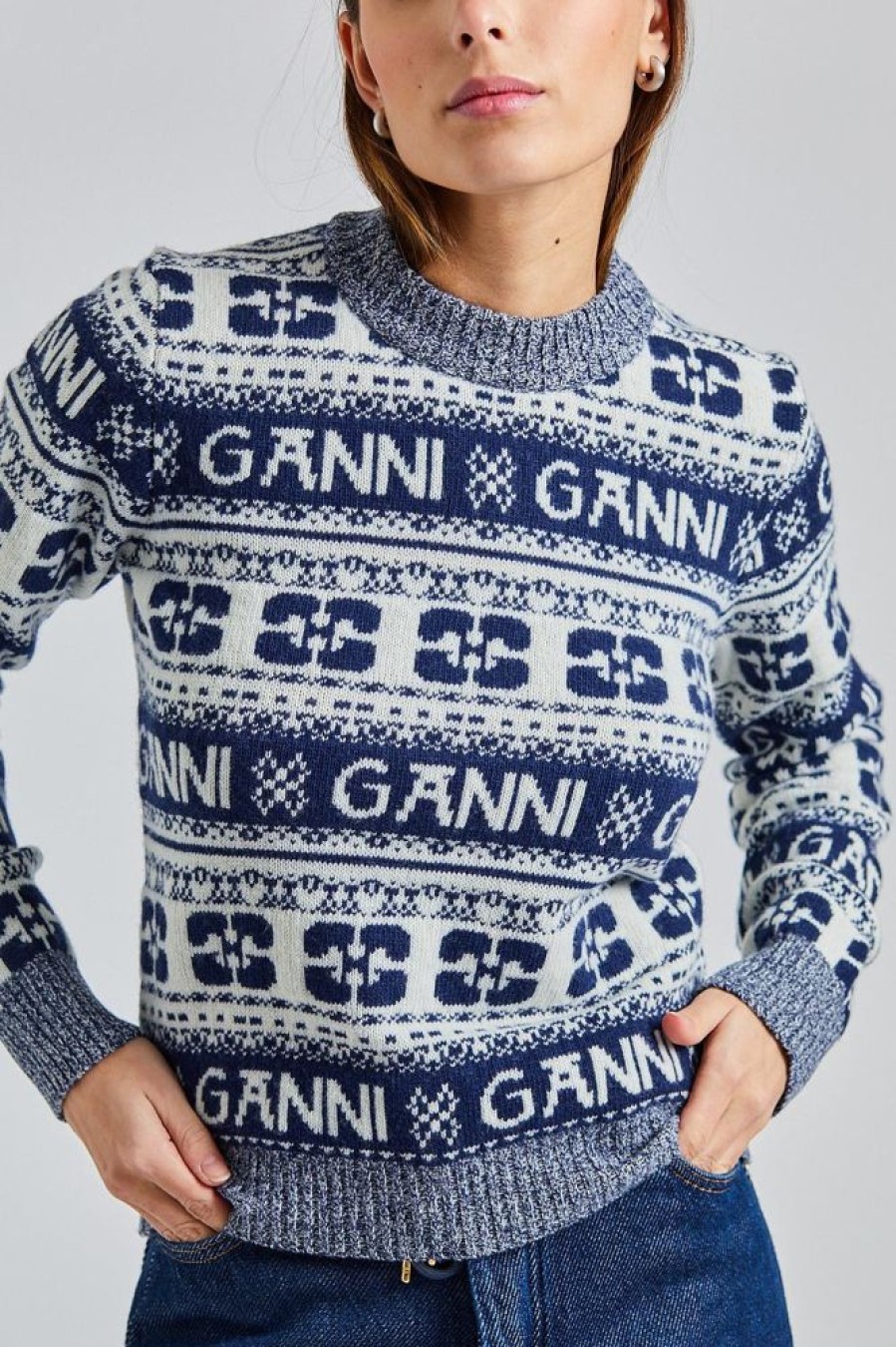 Dame Ganni Gensere | Logo Wool Mix O-Neck Pullover Sky Captain