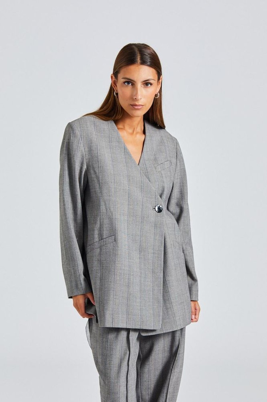 Dame Ganni Blazere | Herringbone Suiting Boxy Blazer Frost Gray