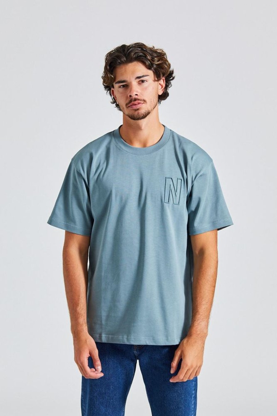 Herre Norse Projects T-Skjorter | Simon Loose Organic Heavy Jersey N Logo T-Shirt Dark Ice Blue