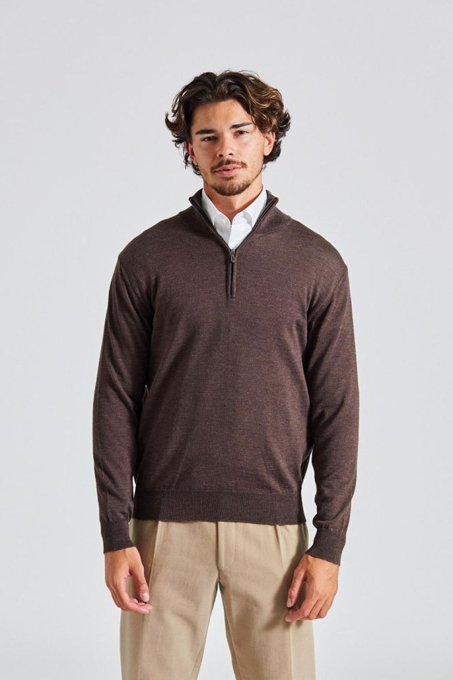 Herre Onesto Gensere | Merino Half-Zip Brown Mel